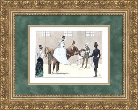 Дама верхом на лошади. Антикварная литография конца 19 века