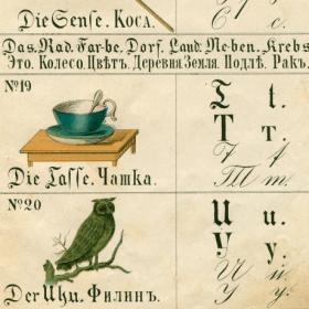 Немецко-русский алфавит 1906 года (6 листов в 3 рамах) на антикварных литографиях