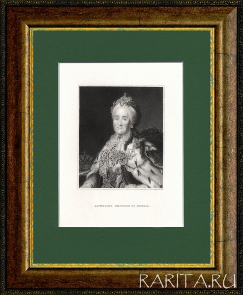 Русская императрица Екатерина Великая, старинная гравюра Русская императрица Екатерина Великая, старинная гравюра