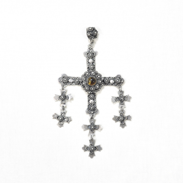 Роскошный мексиканский крест с тигровым глазом. Антикварная подвеска