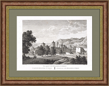 Вид на монастырь Поблет в Испании, Каталония. Большая редкая гравюра