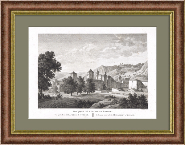 Вид на монастырь Поблет в Испании, Каталония. Большая редкая гравюра Вид на монастырь Поблет в Испании, Каталония. Большая редкая гравюра