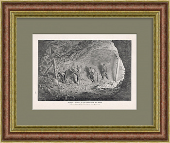 Шахтеры за работой, добыча серы. Антикварная литография 1905 г.