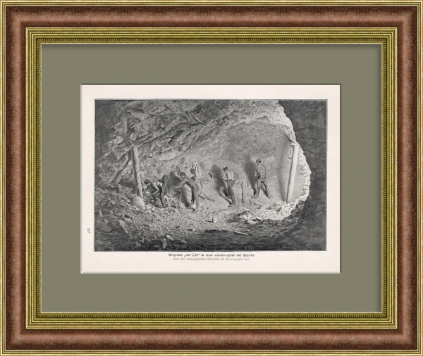 Шахтеры за работой, добыча серы. Антикварная литография 1905 г.