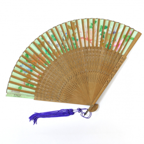 винтажный китайский веер "алая птица среди цветов"