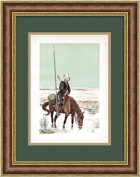 Казак в дозоре, верхом на коне. Старинная литография 19 века