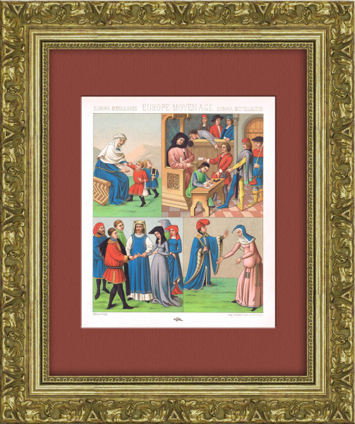 Средневековая Европа в эпоху готики: сценки из жизни и костюмы, старинная хромолитография в раме