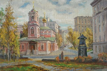 Вид из сквера Мстислава Ростроповича на Воскресенскую церковь. Авторская живопись
