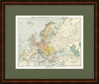 Европа с путями сообщения: железные дороги, морские пути, телеграфные линии, 1909 г. Старинная карта