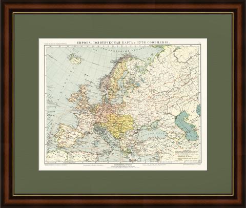 Европа с путями сообщения: железные дороги, морские пути, телеграфные линии, 1909 г. Старинная карта