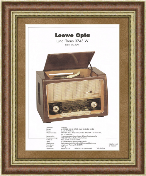 Ламповый радиоприемник фирмы LOEWE образца 1957 г., винтажная листовка в раме