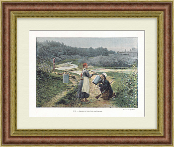 Девушка и охотник у источника. Старинная фототипия