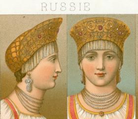 Русские женские головные уборы: виды кокошников, антикварная литография