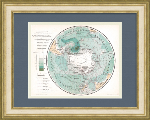 Антарктический континент, старинная карта с маршрутами экспедиций Антарктический континент, старинная карта с маршрутами экспедиций