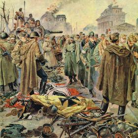 Капитуляция немецких войск в Берлине 2 мая 1945 года, советский плакат по картине Кривоногова, 1950 г.