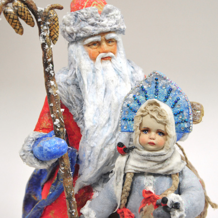дед мороз и снегурочка: авторская скульптура из папье-маше 26 см