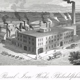 Металлообрабатывающий завод в Филадельфии, старинная гравюра