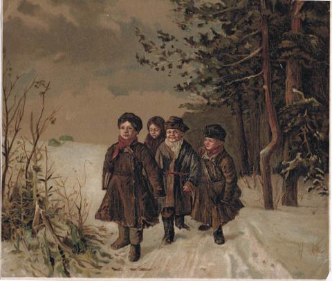 Крестьянские дети идут в школу сквозь зимний лес