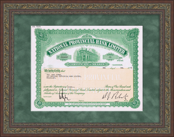 Великобритания: Национальный провинциальный банк, сертификат на 8 акций, 1962 год
