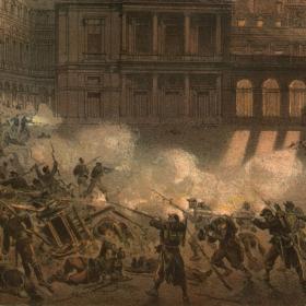 Пожар во дворце Пале-Рояль в дни Парижской коммуны. Старинная литография, 1872 г.