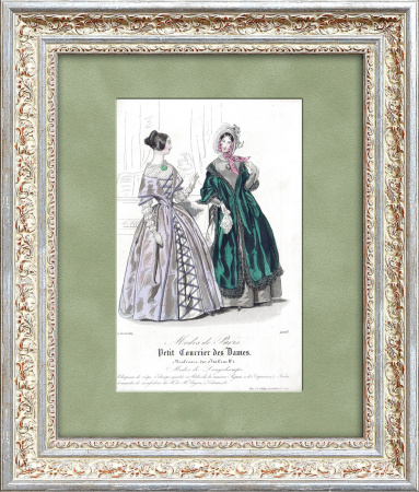 Парижская мода 1844 г.: дамские платья. Старинная гравюра с ручной раскраской
