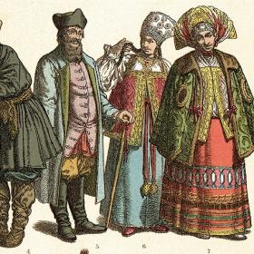 Средневековые костюмы разных сословий в России, Польше, Венгрии и Шотландии. Хромолитография, 1888 г.