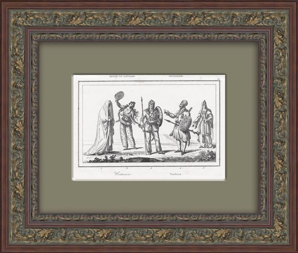 Кавказ, национальный костюм. Старинная гравюра в раме