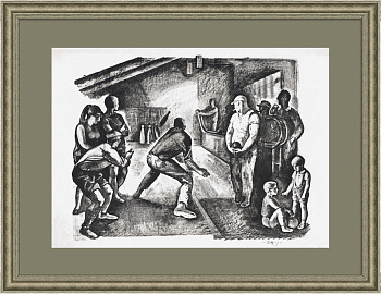 Игра в боулинг (кегельбан), литография