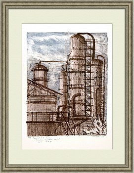 На нефтеперерабатывающем заводе: Установка перегонки нефти. Большая, старинная гравюра