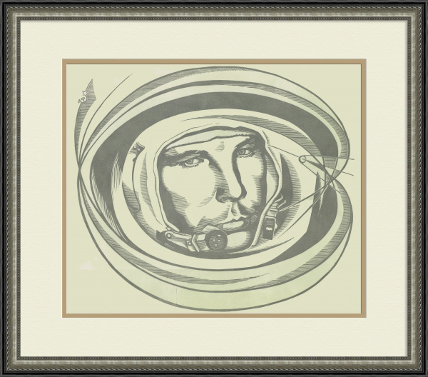 Юрий Гагарин, первый человек в космосе. Линогравюра в раме