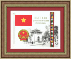 Вьетнам, флаг и герб. Винтажная иллюстрация в раме