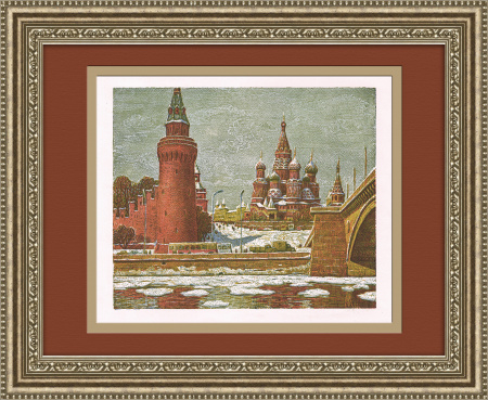 Москва весной, большая авторская линогравюра Воробьевой