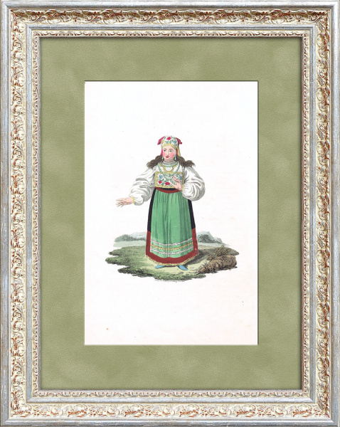 Эстонский национальный женский костюм, гравюра с ручной раскраской, 1811-16 гг.