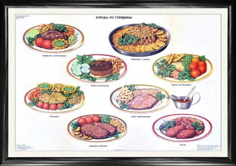 Блюда из говядины, советский плакат на тему кулинарии, 1991 г., большой формат