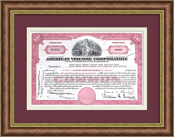 Американская корпорация по производству вискозы. Сертификат на 100 акций 1960 года