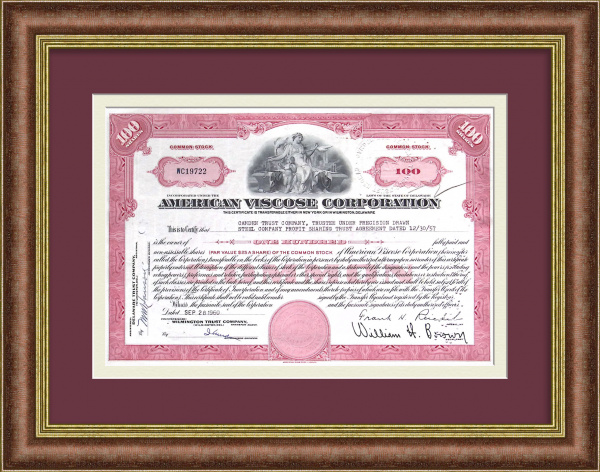 Американская корпорация по производству вискозы. Сертификат на 100 акций 1960 года