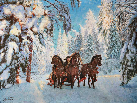 Катание на русской тройке. Живопись Разживина И. В.