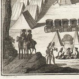 Европейское военное искусство 18 века: вид укреплений военного лагеря. Антикварная гравюра