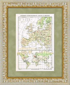 Бумажная промышленность Европы и мира, старинная карта в раме, 1927 г.
