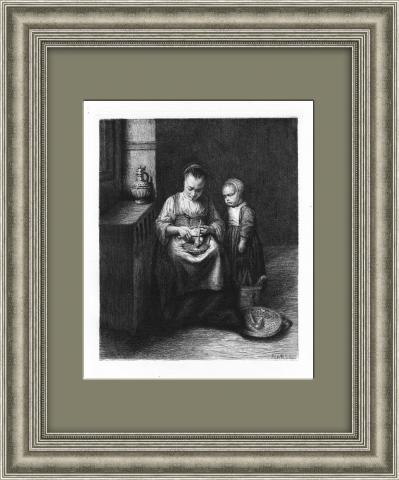 Девочка, наблюдающая за кухонной работой. Антикварная гравюра 1874 года