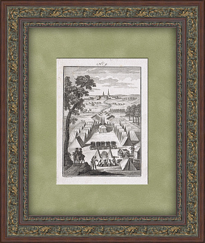 Европейское военное искусство 18 века: вид укреплений военного лагеря. Антикварная гравюра