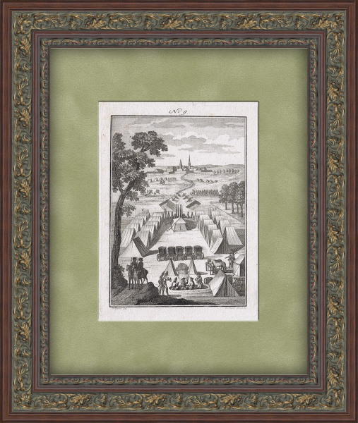 Европейское военное искусство 18 века: вид укреплений военного лагеря. Антикварная гравюра