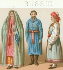 Русские народные мужские и женские костюмы, антикварная литография 19 века