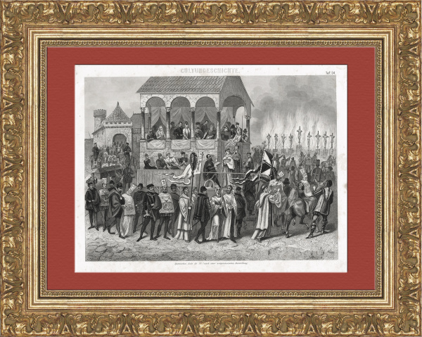 Испанская инквизиция, церемония аутодафе. Антикварная гравюра