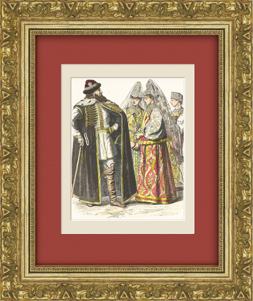 Древняя Русь, костюмы русской придворной знати 17 века. Антикварная литография