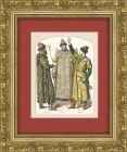 Древняя Русь, костюмы царя, боярина и служивого человека 17 века. Антикварная литография