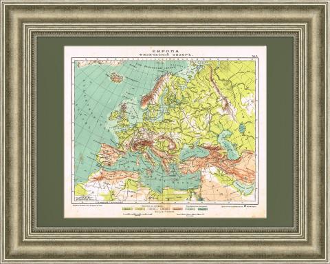 Европа: Физический обзор, старинная карта, 1900-е гг.
