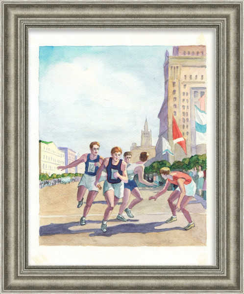 Эстафета по Садовому кольцу. Акварель в раме