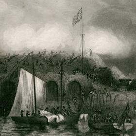 Наполеоновские войны: штурм испанской крепости Сан-Себастиан английскими войсками в 1813 г. Антикварная гравюра
