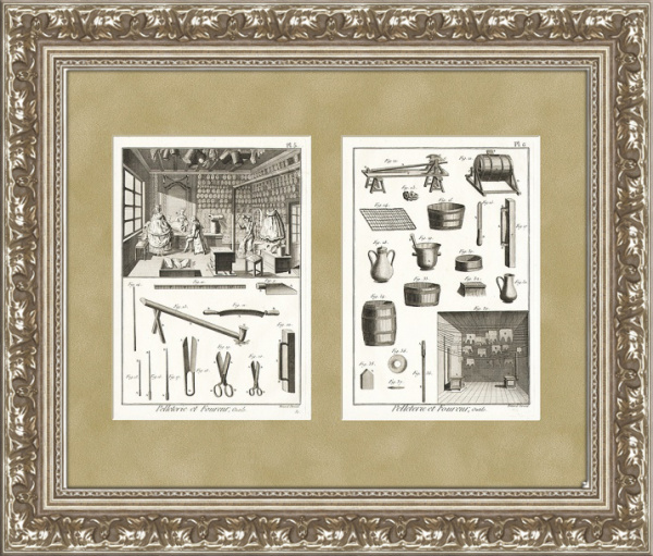 Скорняжная мастерская. Инструменты. Гравюры на меди, бумага ручной выделки, 1775-1785 гг.